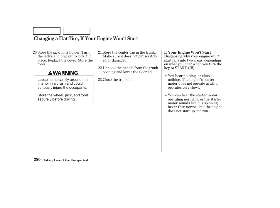 Changing a flat tire, if your engine won’t start | Acura 2002 CL - Owner's Manual User Manual | Page 283 / 335