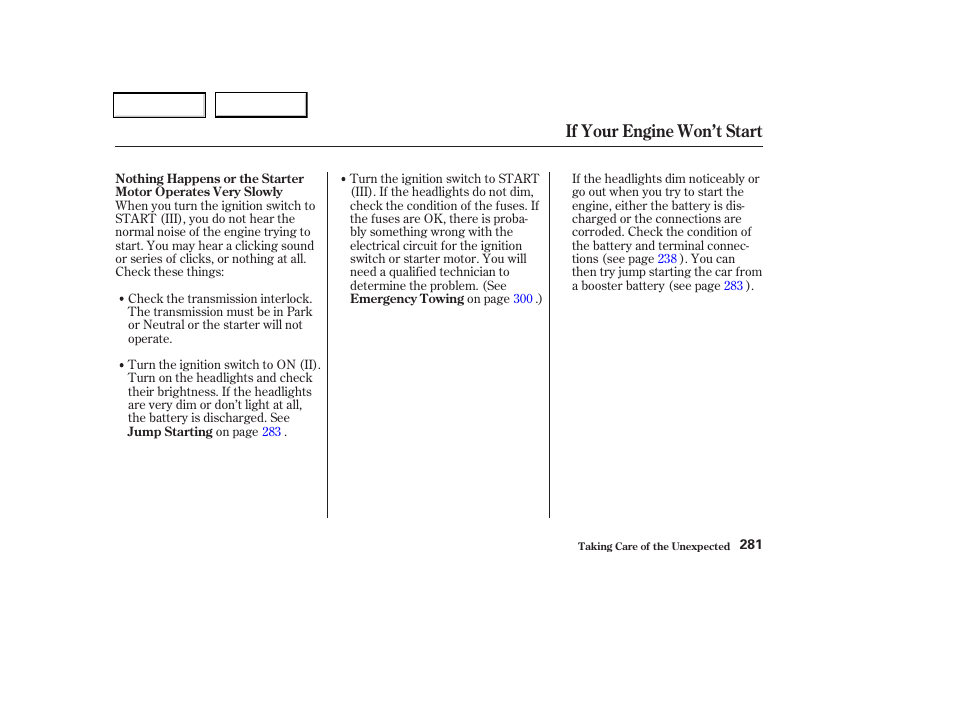 If your engine won’t start | Acura 2002 CL - Owner's Manual User Manual | Page 284 / 335