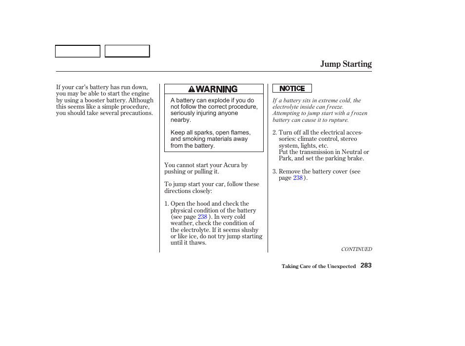 Jump starting | Acura 2002 CL - Owner's Manual User Manual | Page 286 / 335