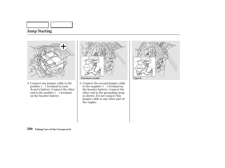 Jump starting | Acura 2002 CL - Owner's Manual User Manual | Page 287 / 335