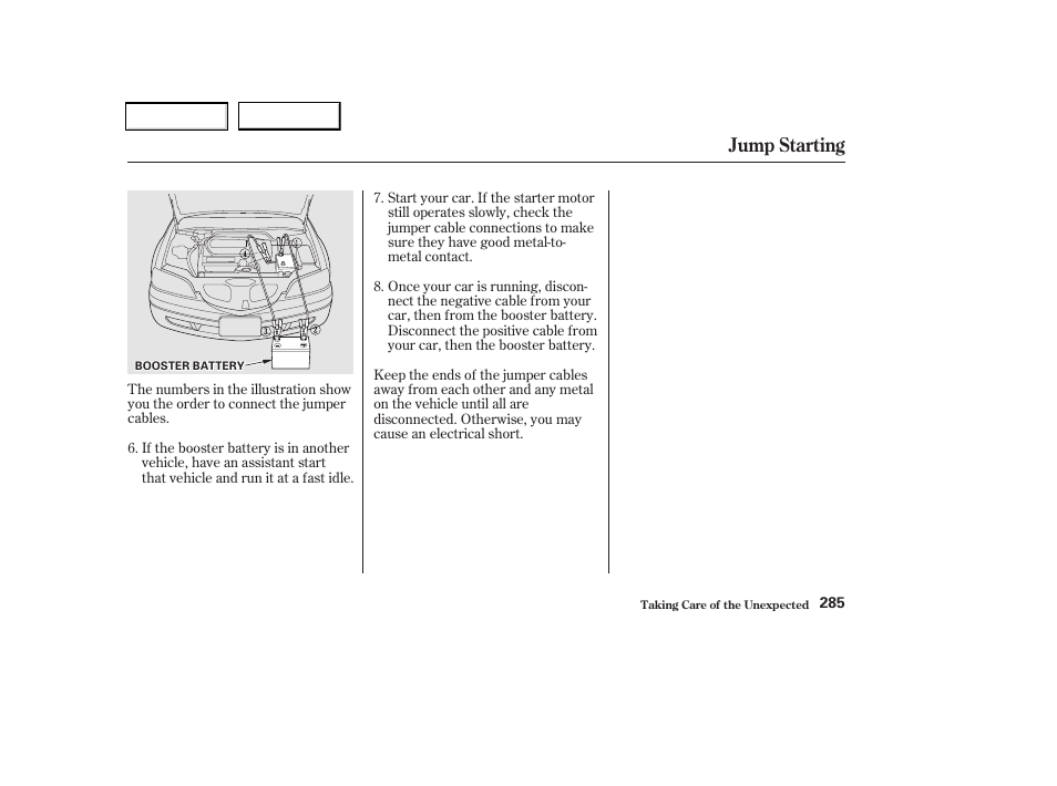 Jump starting | Acura 2002 CL - Owner's Manual User Manual | Page 288 / 335