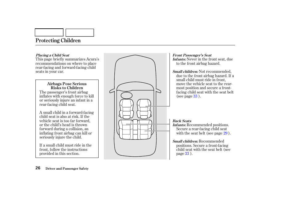 Protecting children | Acura 2002 CL - Owner's Manual User Manual | Page 29 / 335