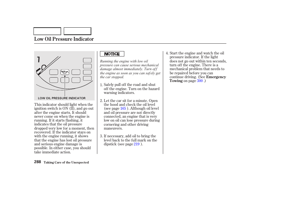 Low oil pressure indicator | Acura 2002 CL - Owner's Manual User Manual | Page 291 / 335