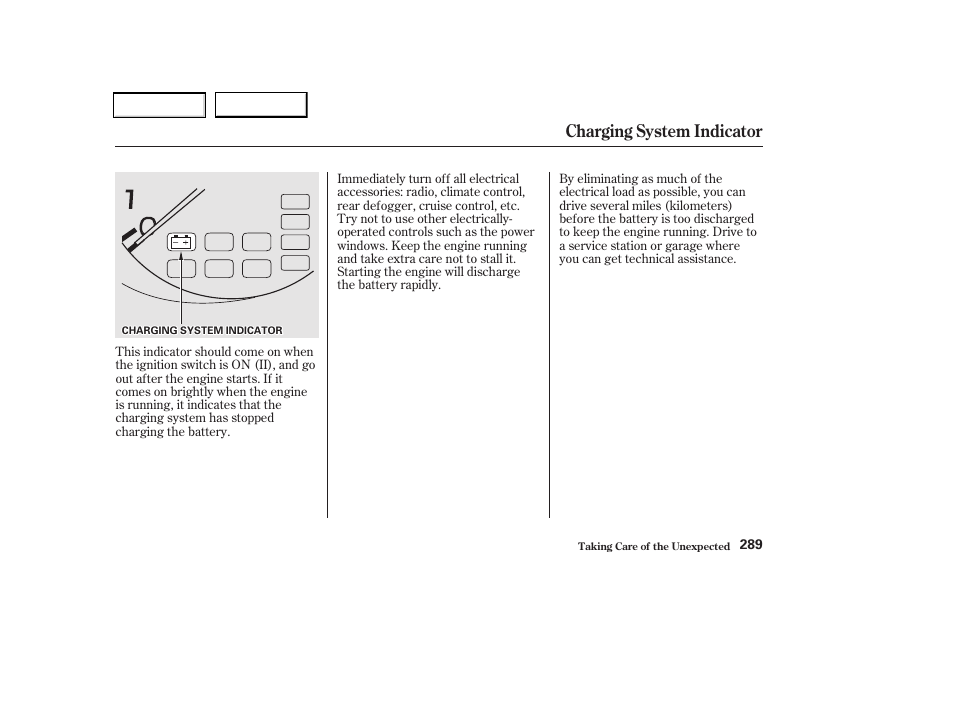 Charging system indicator | Acura 2002 CL - Owner's Manual User Manual | Page 292 / 335