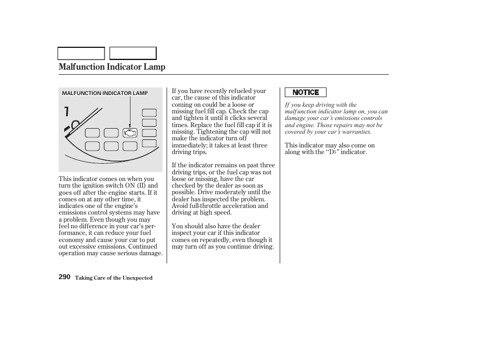 Malfunction indicator lamp | Acura 2002 CL - Owner's Manual User Manual | Page 293 / 335