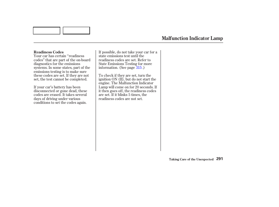 Malfunction indicator lamp | Acura 2002 CL - Owner's Manual User Manual | Page 294 / 335