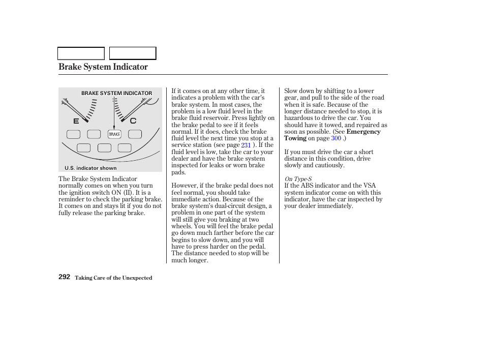 Brake system indicator | Acura 2002 CL - Owner's Manual User Manual | Page 295 / 335