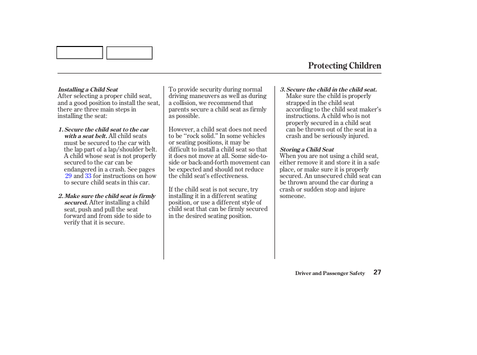 Protecting children | Acura 2002 CL - Owner's Manual User Manual | Page 30 / 335