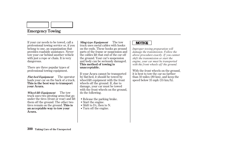 Emergency towing | Acura 2002 CL - Owner's Manual User Manual | Page 303 / 335