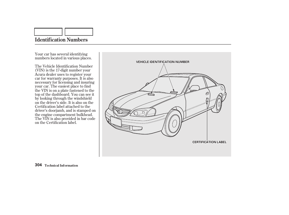 Untitled, Identification numbers | Acura 2002 CL - Owner's Manual User Manual | Page 307 / 335