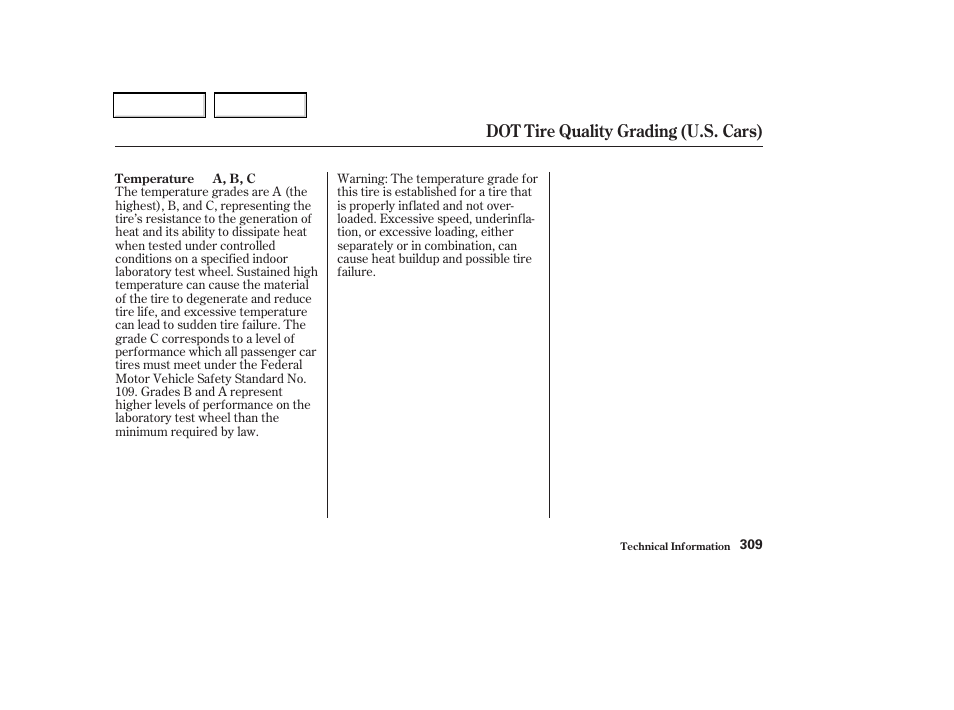 Dot tire quality grading (u.s. cars) | Acura 2002 CL - Owner's Manual User Manual | Page 312 / 335