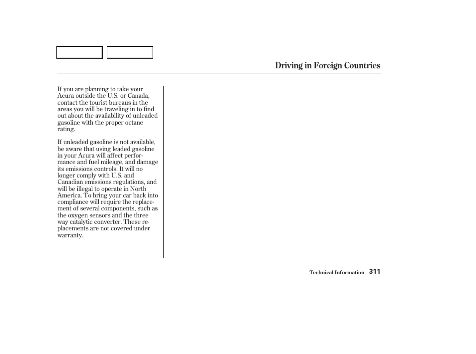 Driving in foreign countries | Acura 2002 CL - Owner's Manual User Manual | Page 314 / 335