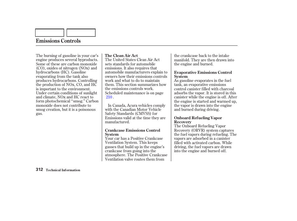 Emissions controls | Acura 2002 CL - Owner's Manual User Manual | Page 315 / 335