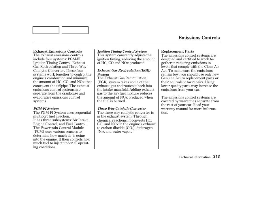 Emissions controls | Acura 2002 CL - Owner's Manual User Manual | Page 316 / 335