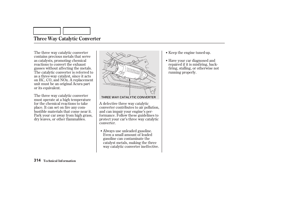 Three way catalytic converter | Acura 2002 CL - Owner's Manual User Manual | Page 317 / 335