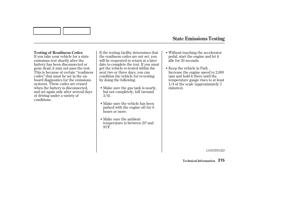 State emissions testing | Acura 2002 CL - Owner's Manual User Manual | Page 318 / 335