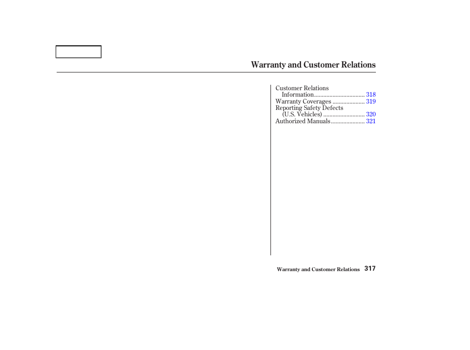 Warranty and customer relations | Acura 2002 CL - Owner's Manual User Manual | Page 320 / 335