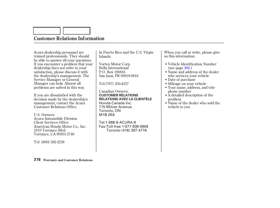 Customer relations information | Acura 2002 CL - Owner's Manual User Manual | Page 321 / 335