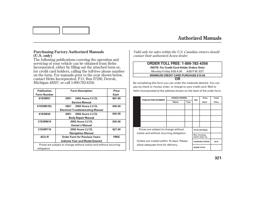 Authorized manuals | Acura 2002 CL - Owner's Manual User Manual | Page 324 / 335