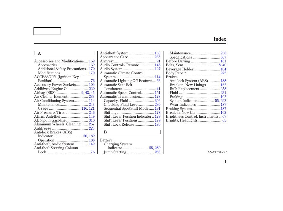 Index | Acura 2002 CL - Owner's Manual User Manual | Page 326 / 335