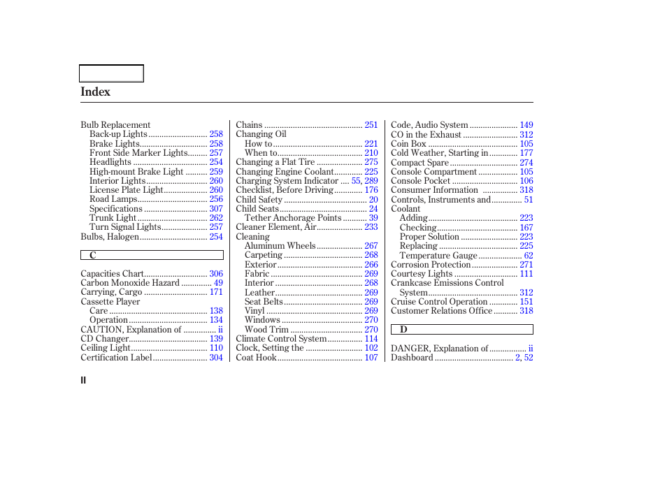 Index | Acura 2002 CL - Owner's Manual User Manual | Page 327 / 335