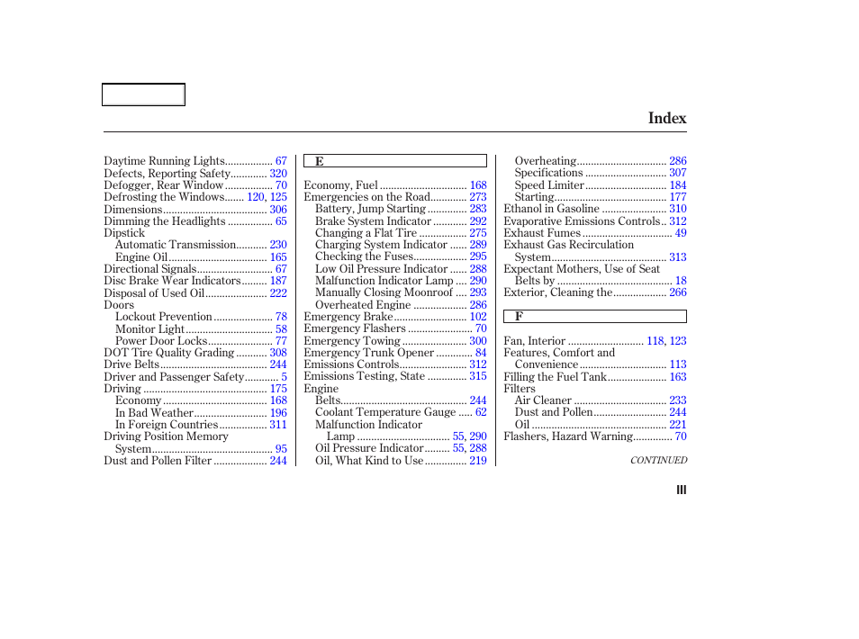 Index | Acura 2002 CL - Owner's Manual User Manual | Page 328 / 335