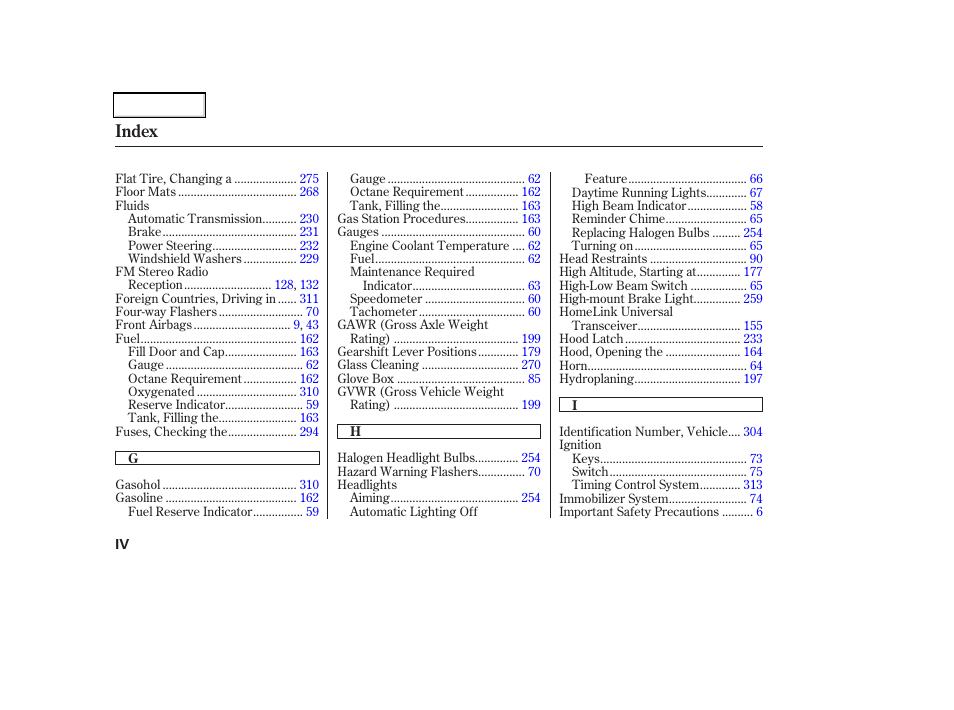 Index | Acura 2002 CL - Owner's Manual User Manual | Page 329 / 335