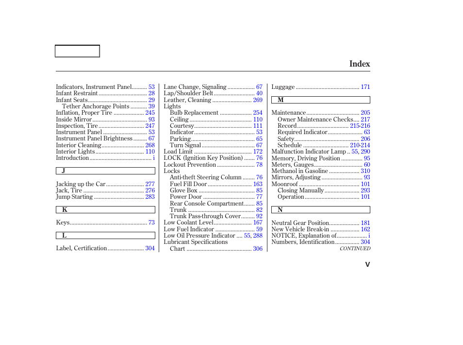 Index | Acura 2002 CL - Owner's Manual User Manual | Page 330 / 335