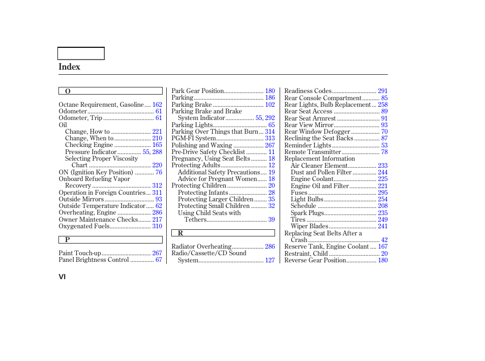 Index | Acura 2002 CL - Owner's Manual User Manual | Page 331 / 335