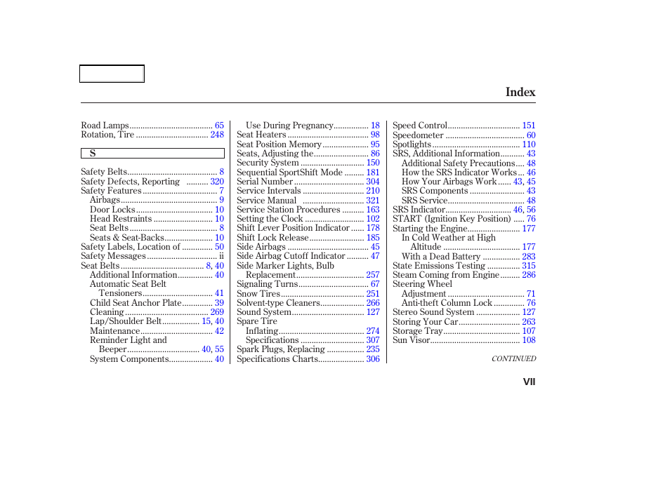 Index | Acura 2002 CL - Owner's Manual User Manual | Page 332 / 335