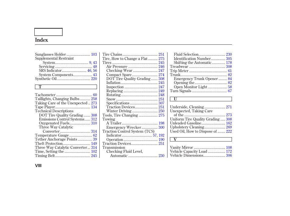 Index | Acura 2002 CL - Owner's Manual User Manual | Page 333 / 335