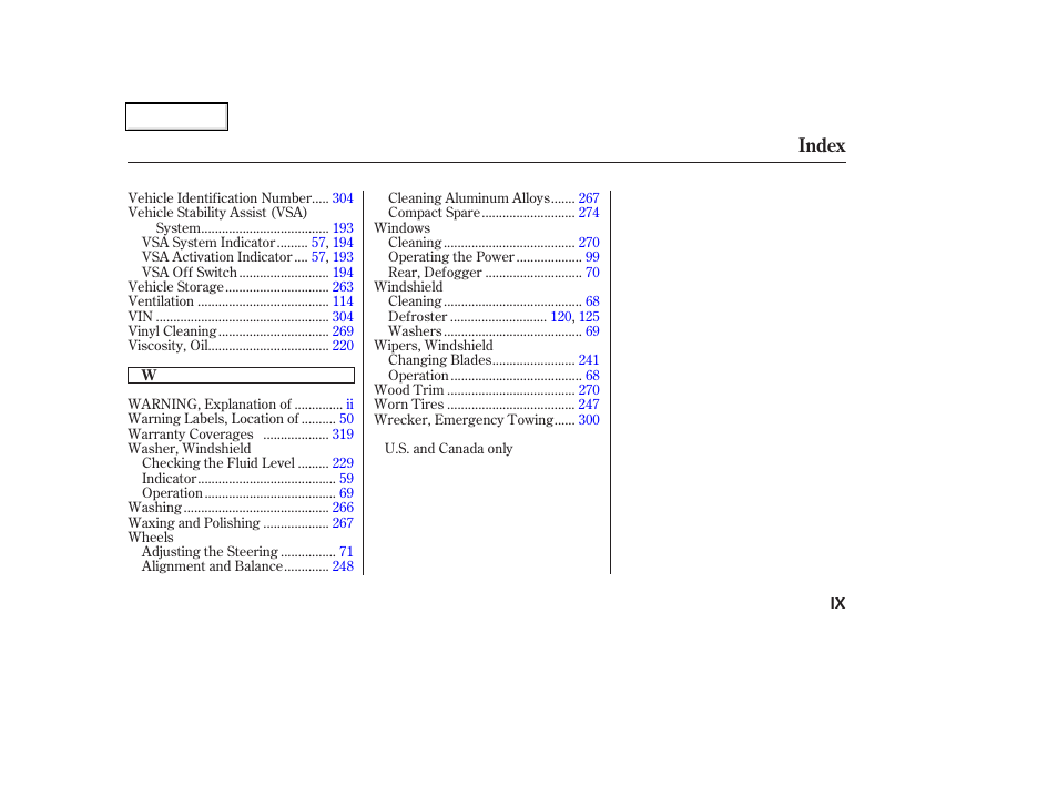 Index | Acura 2002 CL - Owner's Manual User Manual | Page 334 / 335