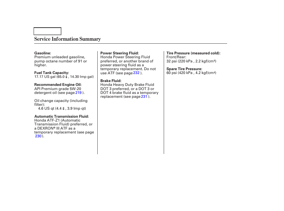 Service information summary | Acura 2002 CL - Owner's Manual User Manual | Page 335 / 335