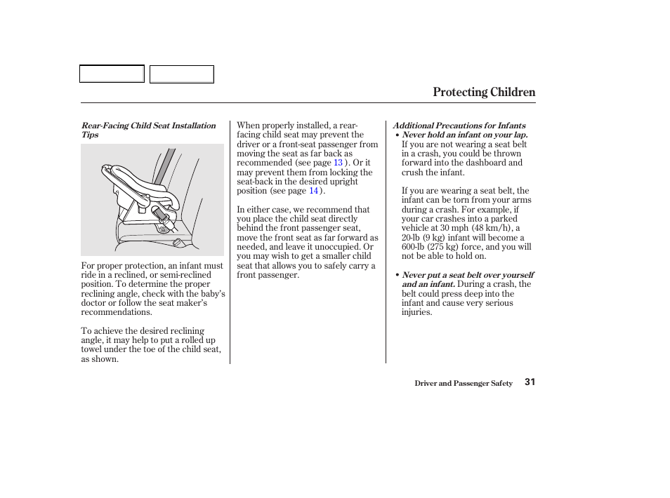 Protecting children | Acura 2002 CL - Owner's Manual User Manual | Page 34 / 335