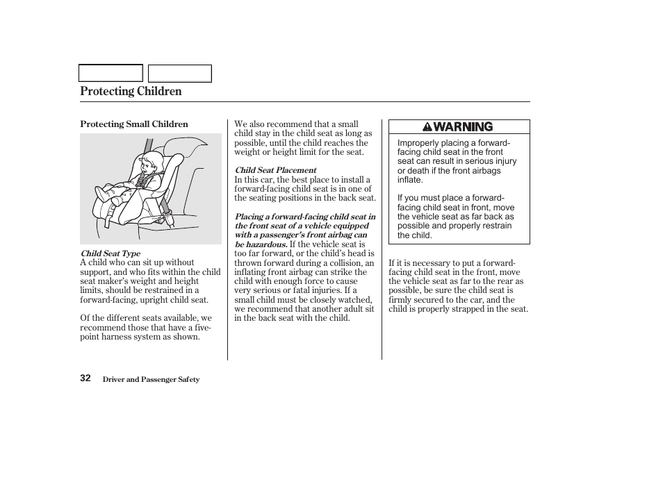 Protecting children | Acura 2002 CL - Owner's Manual User Manual | Page 35 / 335