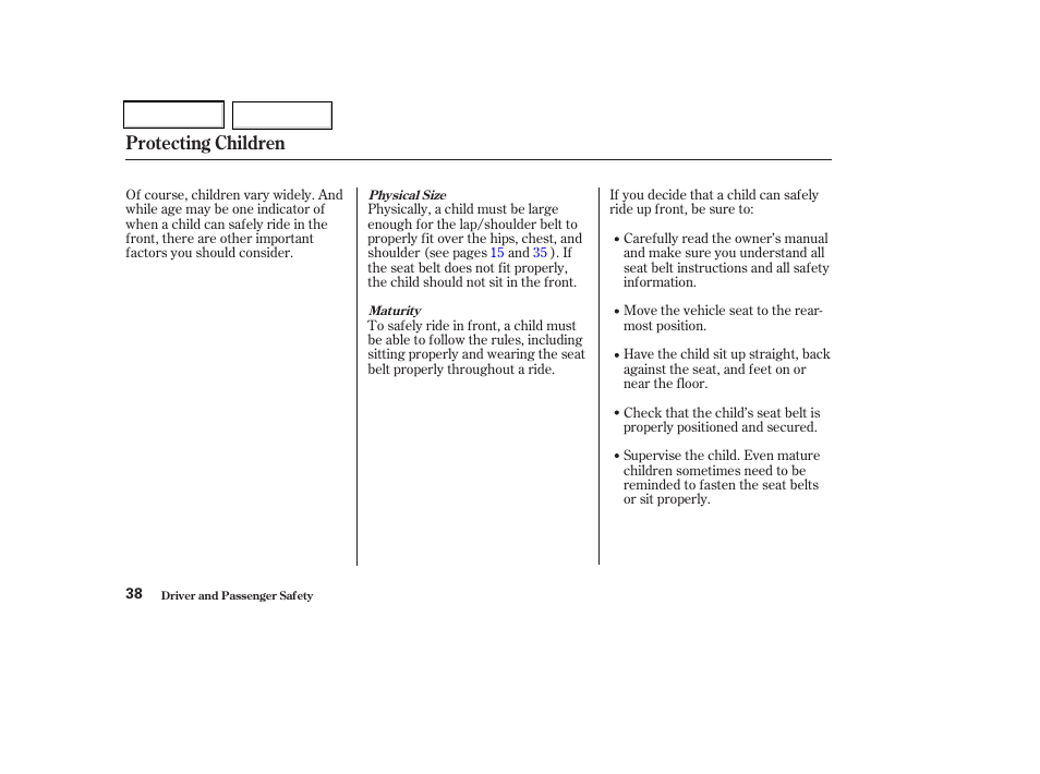 Protecting children | Acura 2002 CL - Owner's Manual User Manual | Page 41 / 335