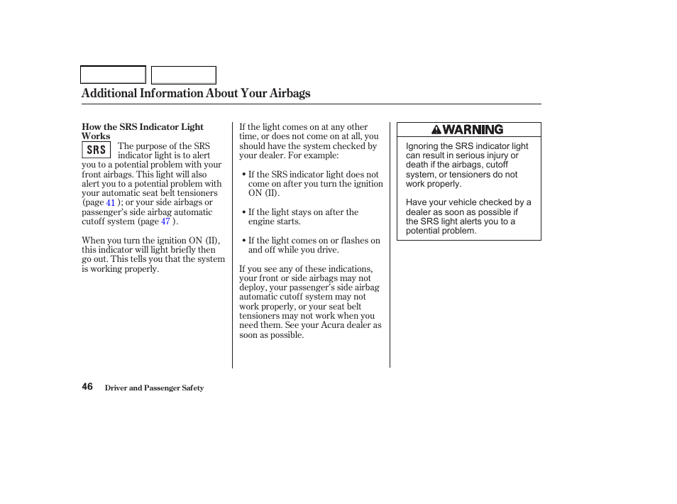 Additional information about your airbags | Acura 2002 CL - Owner's Manual User Manual | Page 49 / 335