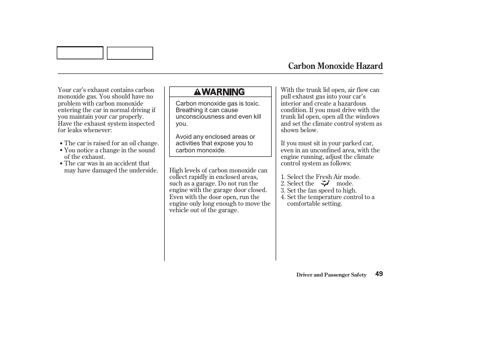 Carbon monoxide hazard | Acura 2002 CL - Owner's Manual User Manual | Page 52 / 335