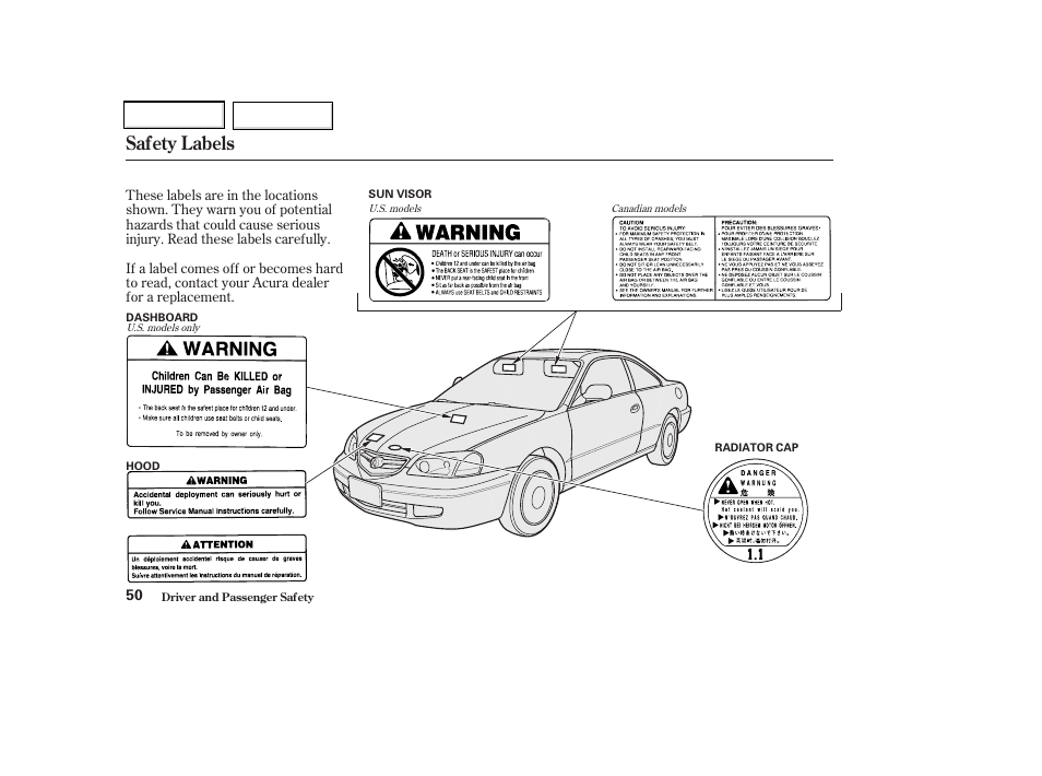 Safety labels | Acura 2002 CL - Owner's Manual User Manual | Page 53 / 335