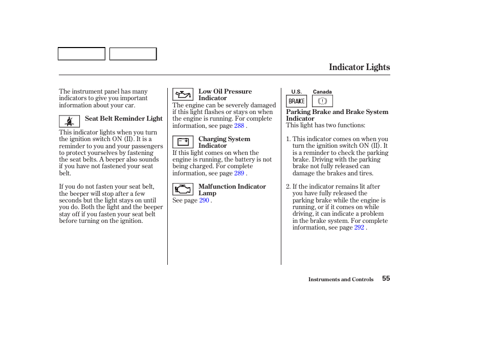 Indicator lights | Acura 2002 CL - Owner's Manual User Manual | Page 58 / 335