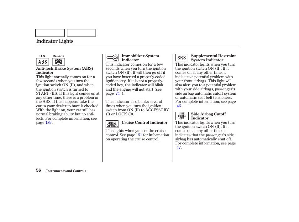 Indicator lights | Acura 2002 CL - Owner's Manual User Manual | Page 59 / 335