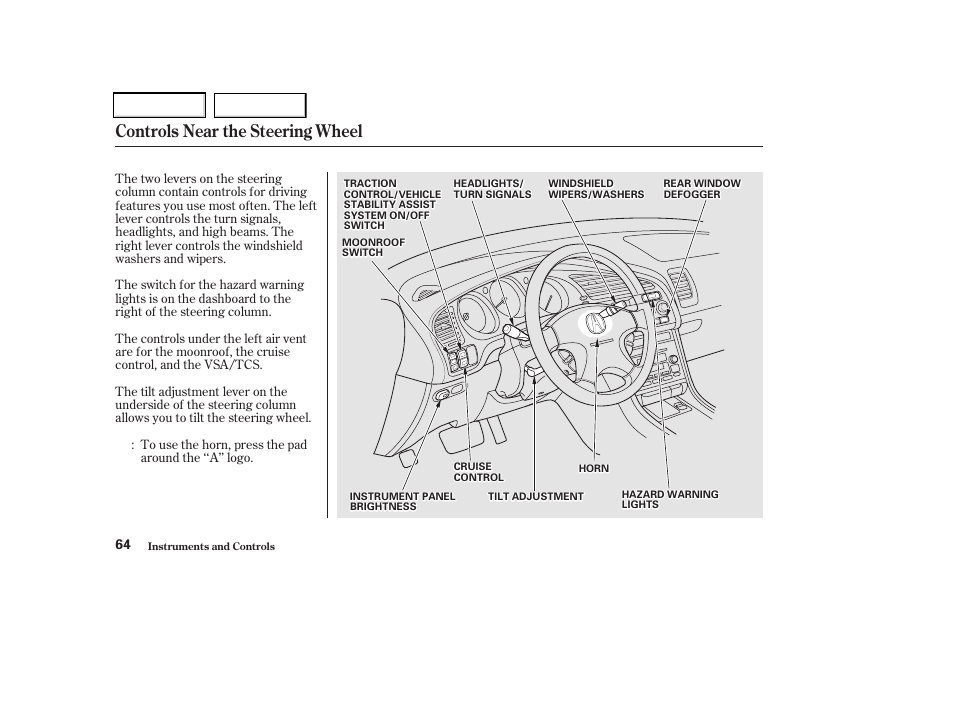 Controls near the steering wheel | Acura 2002 CL - Owner's Manual User Manual | Page 67 / 335