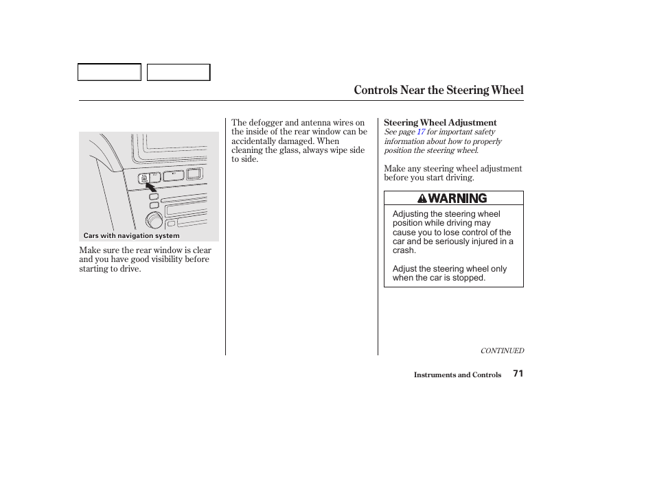 Controls near the steering wheel | Acura 2002 CL - Owner's Manual User Manual | Page 74 / 335