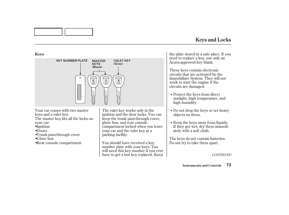 Keys and locks | Acura 2002 CL - Owner's Manual User Manual | Page 76 / 335