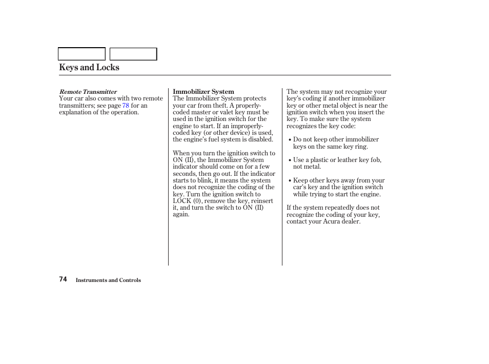 Keys and locks | Acura 2002 CL - Owner's Manual User Manual | Page 77 / 335