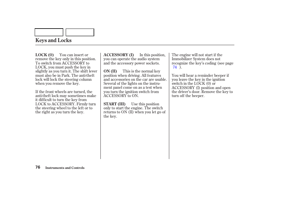 Keys and locks | Acura 2002 CL - Owner's Manual User Manual | Page 79 / 335