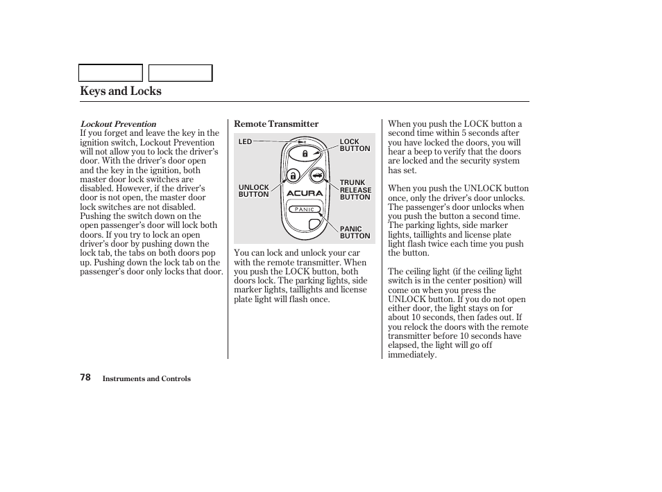 Keys and locks | Acura 2002 CL - Owner's Manual User Manual | Page 81 / 335