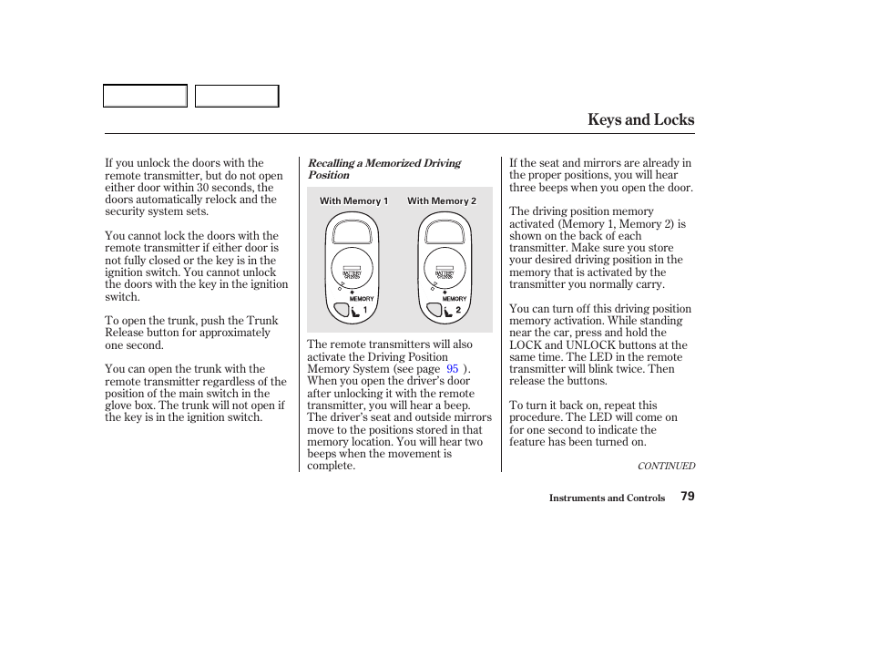 Keys and locks | Acura 2002 CL - Owner's Manual User Manual | Page 82 / 335