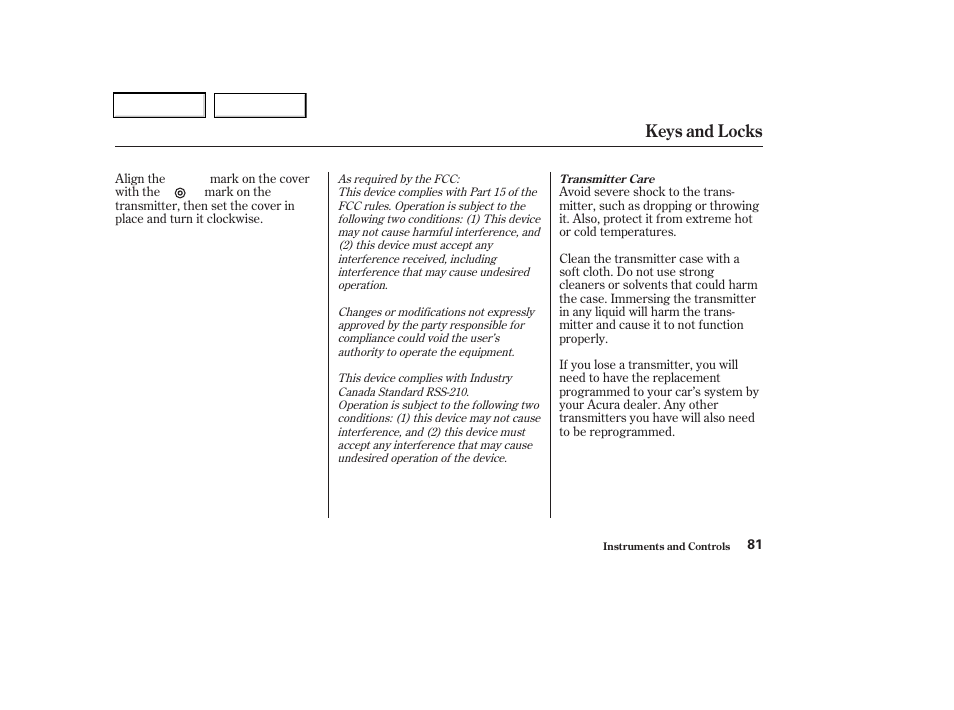 Keys and locks | Acura 2002 CL - Owner's Manual User Manual | Page 84 / 335