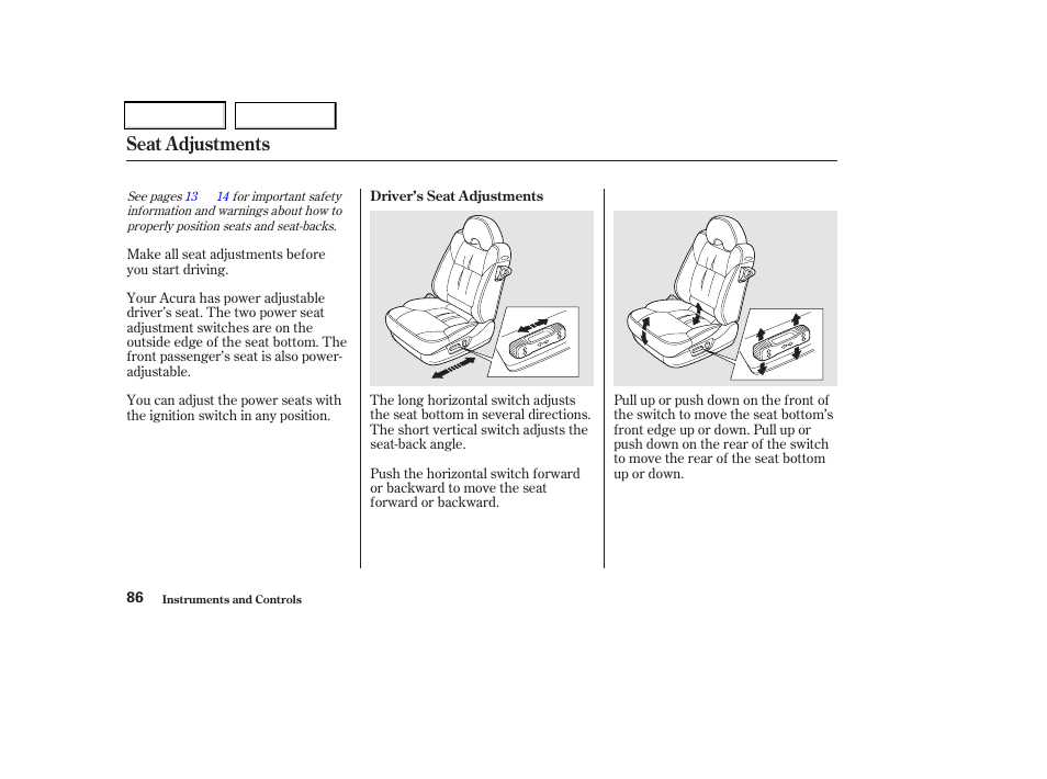 Seat adjustments | Acura 2002 CL - Owner's Manual User Manual | Page 89 / 335